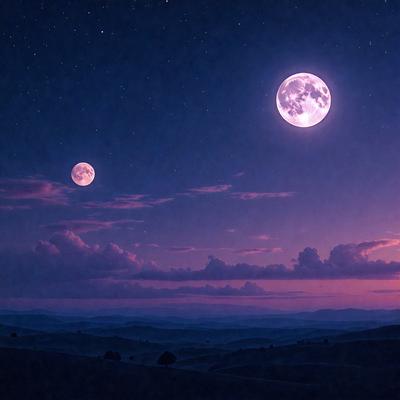 The primary subject of the image is the moon, which is seen in the sky above the landscape. The setting is a mountainous area with a purple sky, creating a serene and peaceful atmosphere. The visual style is a combination of photo and digital art, as the moon appears to be a photo, while the rest of the image is a digital artwork. The colors and mood of the image are predominantly purple, which adds to the overall calming and tranquil ambiance.
